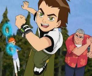 Puzzle Ben 10 με τον αλλοδαπό Omnitrix ρολόι στον καρπό του, δίπλα στον ξάδελφό του, Γκουέν και τον παππού τους Max