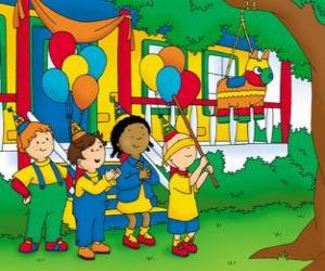 Puzzle Caillou προσπαθεί να σπάσει το pinata σε ένα πάρτι με τους φίλους της