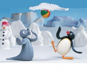 Puzzle Pingu και Robby Ο αγωνιστικός Σφραγίδα με το έλκηθρο