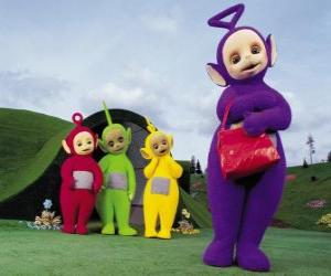 Puzzle Po, Laa-Laa, Dipsy και Tinky Winky-με κόκκινη τσάντα του μπροστά από το σπίτι σας