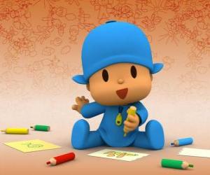 Puzzle Pocoyo κάθονται στο πάτωμα και κάνοντας ένα σχέδιο σε ένα φύλλο χαρτιού