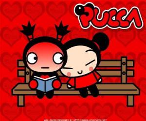 Puzzle Pucca και Garu κάθονται σε ένα παγκάκι