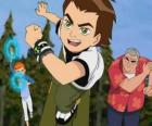 Ben 10 με τον αλλοδαπό Omnitrix ρολόι στον καρπό του, δίπλα στον ξάδελφό του, Γκουέν και τον παππού τους Max