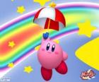 Kirby με μια ομπρέλα που εκτελούν πτήσεις ανάμεσα στα αστέρια και το ουράνιο τόξο