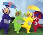 Οι τέσσερις Teletubbies με ομπρέλες τους ανοικτά