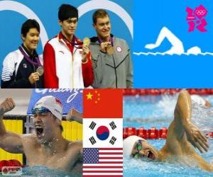 Puzzle Ανδρικά παντελόνια 400 μέτρο freestyle πόντιουμ, Sun Yang (Κίνα), πάρκο Tae-Χουάν (Νότια Κορέα) και Peter Vanderkaay (Ηνωμένων Πολιτειών) - London 2012-