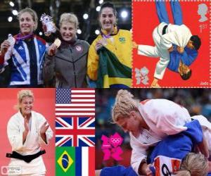 Puzzle Θηλυκά τζούντο πόντιουμ - 78 kg, Kayla Harrison (Ηνωμένες Πολιτείες), Gemma Gibbons (Ηνωμένο Βασίλειο) και Mayra Aguiar (Βραζιλία), Όντρεϊ (Γαλλία) - London 2012 - Tcheumeo