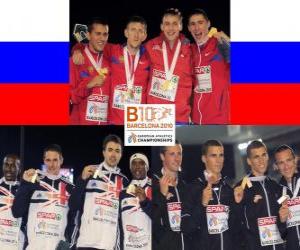 Puzzle Μ. Dyldin, Α. Axenov, Π. Trenijin και V. Πρωταθλητής Krasnov 4x400m, C. Williams, Μ. Bingham, R. Tobin, Μ. Ρούνεϊ (2os) Α. Destatte, Κ. Borlée, Γ. Μπραντ και J. van Branteghem Borlée (3ο μέρος) του Ευρωπαϊκού Πρωταθλήματος Στίβου της Βαρκελώνης 2010