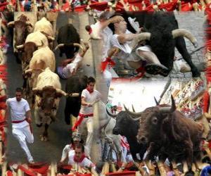 Puzzle Τρέξιμο των ταύρων ή encierro, Sanfermines. Pamplona, ​​Navarra, Ισπανία. San Fermin φεστιβάλ από τις 6 έως τις 14 Ιουλίου